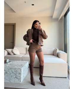 AÇIK KAHVE KAŞE ŞORT CEKET TAKIM