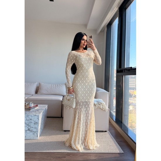 ELENA DANTELLİ SIRTI ACIK ELBİSE KREM