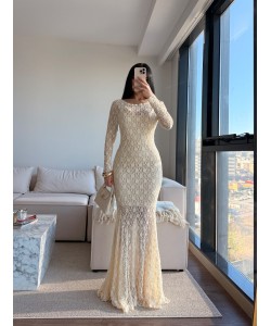 ELENA DANTELLİ SIRTI ACIK ELBİSE KREM