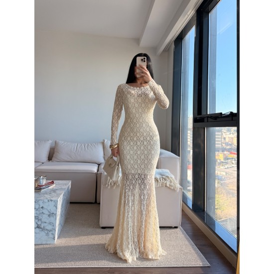 ELENA DANTELLİ SIRTI ACIK ELBİSE KREM