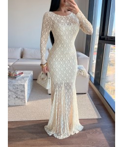 ELENA DANTELLİ SIRTI ACIK ELBİSE KREM