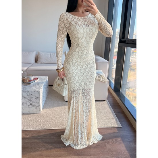 ELENA DANTELLİ SIRTI ACIK ELBİSE KREM