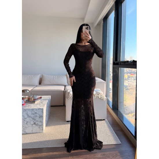 ELENA DANTELLİ SIRTI AÇIK ELBİSE KAHVE