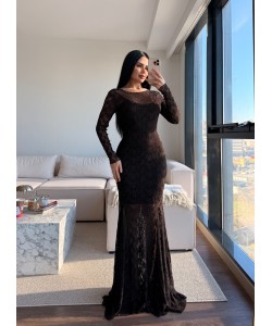 ELENA DANTELLİ SIRTI AÇIK ELBİSE KAHVE