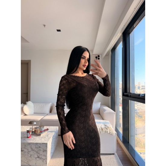 ELENA DANTELLİ SIRTI AÇIK ELBİSE KAHVE