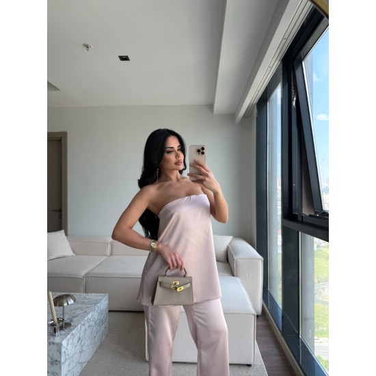 SATEN STRAPLEZ PANTOLON TAKIM PUDRA