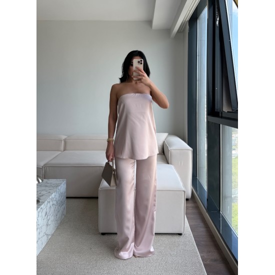 SATEN STRAPLEZ PANTOLON TAKIM PUDRA