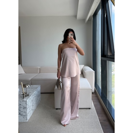SATEN STRAPLEZ PANTOLON TAKIM PUDRA