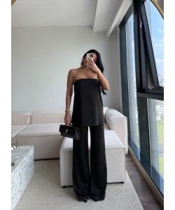 SATEN STRAPLEZ PANTOLON TAKIM SİYAH