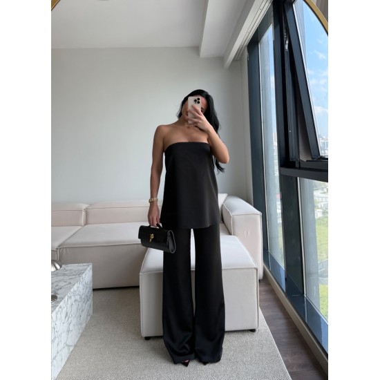 SATEN STRAPLEZ PANTOLON TAKIM SİYAH