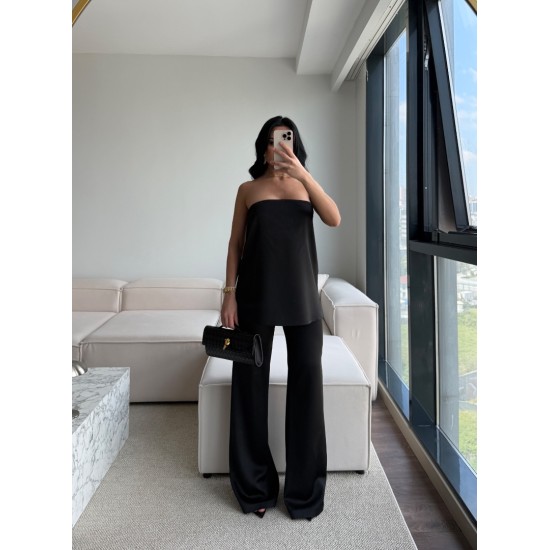 SATEN STRAPLEZ PANTOLON TAKIM SİYAH