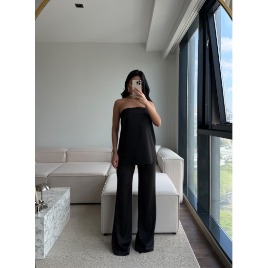SATEN STRAPLEZ PANTOLON TAKIM SİYAH