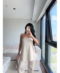 SATEN STRAPLEZ PANTOLON TAKIM BEJ