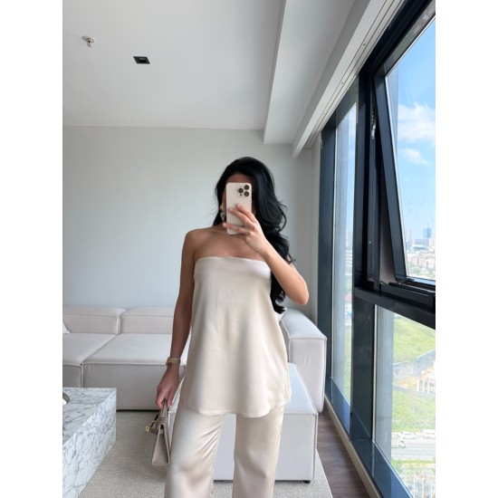 SATEN STRAPLEZ PANTOLON TAKIM BEJ