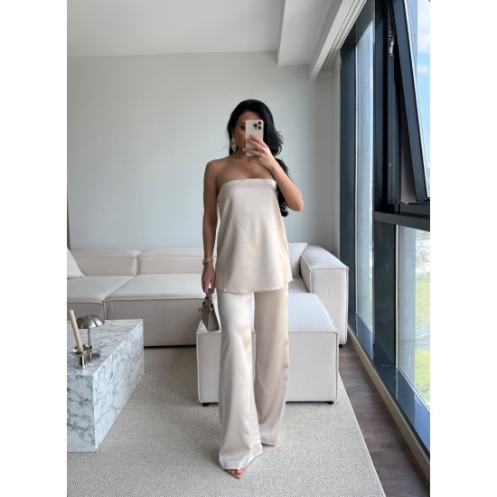 SATEN STRAPLEZ PANTOLON TAKIM BEJ