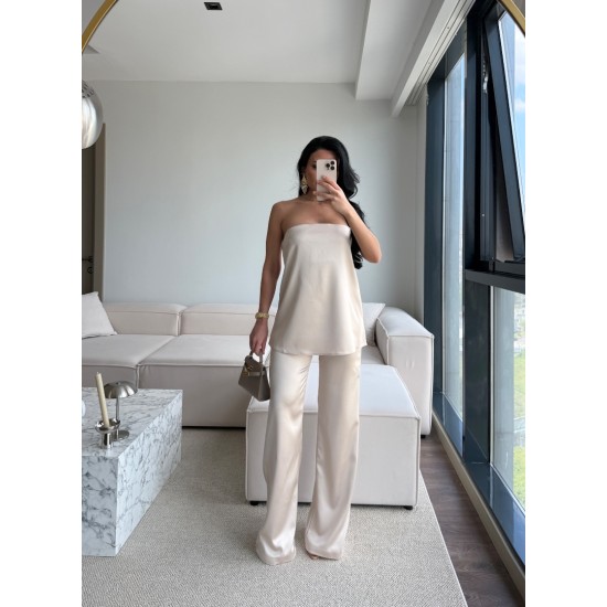 SATEN STRAPLEZ PANTOLON TAKIM BEJ