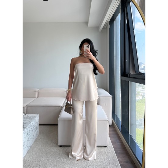 SATEN STRAPLEZ PANTOLON TAKIM BEJ
