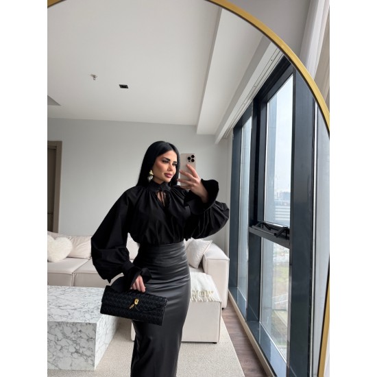 ÖZEL TASARIM BALON KOL POPLİN GÖMLEK SİYAH