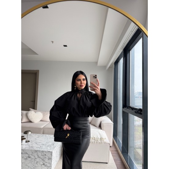 ÖZEL TASARIM BALON KOL POPLİN GÖMLEK SİYAH