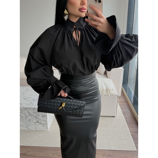 ÖZEL TASARIM BALON KOL POPLİN GÖMLEK SİYAH