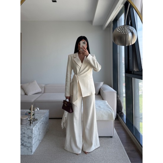 KETEN BAĞLAMALI BLAZER TAKIM KREM