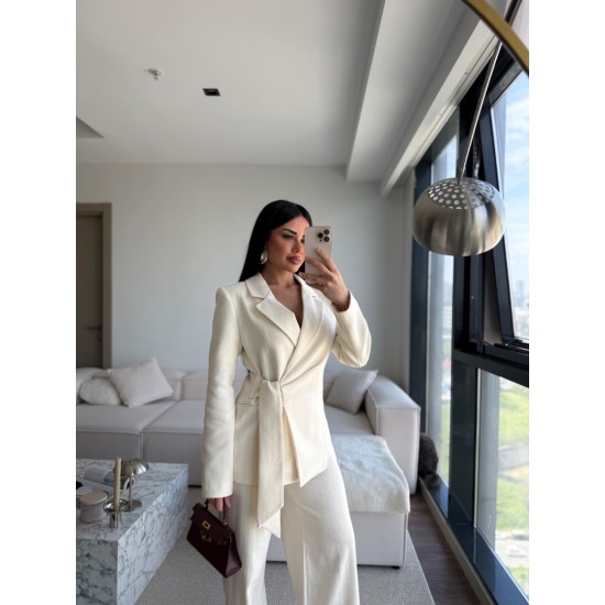 KETEN BAĞLAMALI BLAZER TAKIM KREM