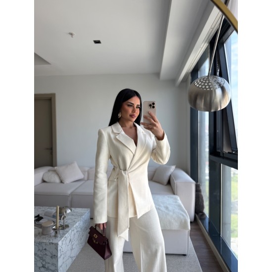 KETEN BAĞLAMALI BLAZER TAKIM KREM