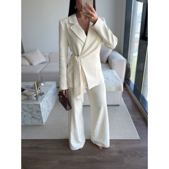 KETEN BAĞLAMALI BLAZER TAKIM KREM