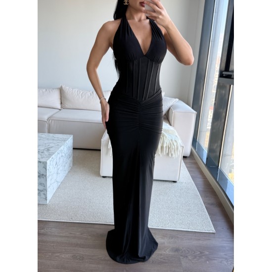 KORSE DETAY HALTER YAKA ELBİSE SİYAH