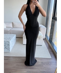 KORSE DETAY HALTER YAKA ELBİSE SİYAH