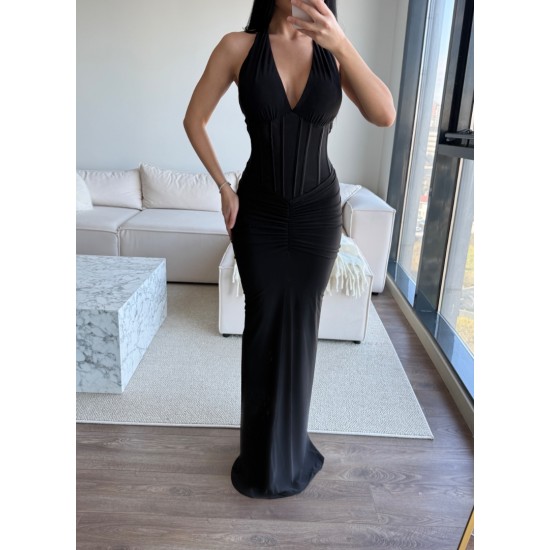 KORSE DETAY HALTER YAKA ELBİSE SİYAH