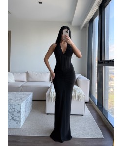 KORSE DETAY HALTER YAKA ELBİSE SİYAH
