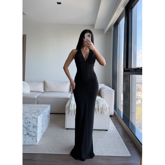 KORSE DETAY HALTER YAKA ELBİSE SİYAH