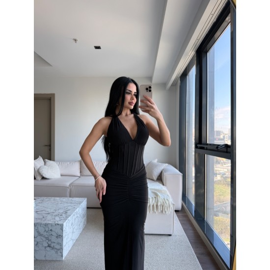 KORSE DETAY HALTER YAKA ELBİSE SİYAH