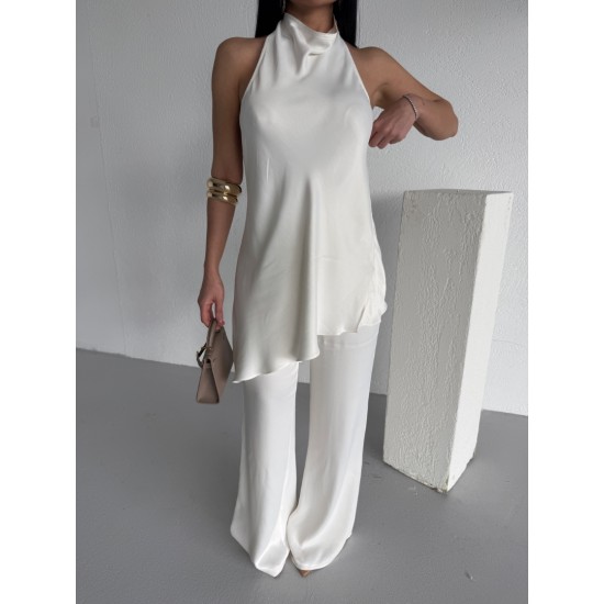 SATEN HALTER YAKA BLUZ TAKIM BEYAZ