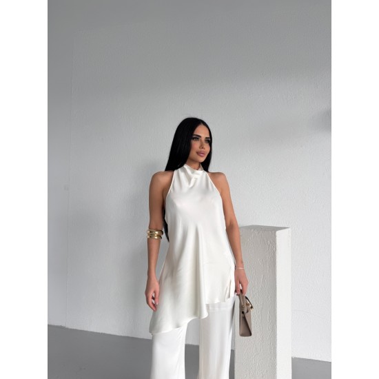 SATEN HALTER YAKA BLUZ TAKIM BEYAZ