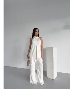 SATEN HALTER YAKA BLUZ TAKIM BEYAZ