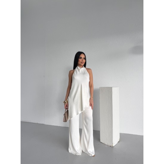 SATEN HALTER YAKA BLUZ TAKIM BEYAZ