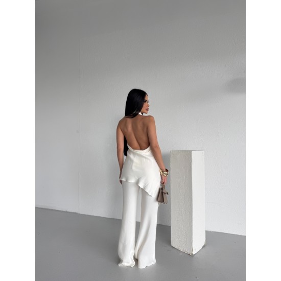 SATEN HALTER YAKA BLUZ TAKIM BEYAZ