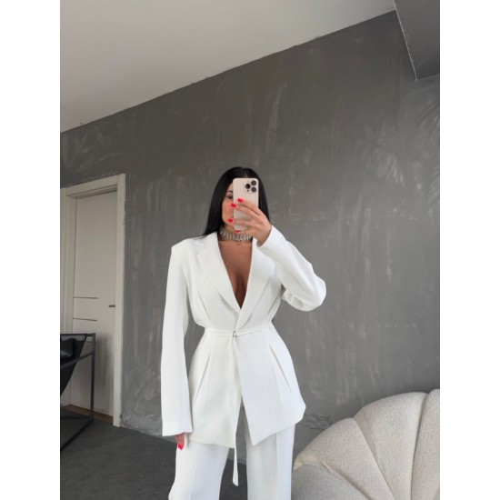 PREMIUM KUŞAKLI BLAZER&PANTOLON TAKIM BEYAZ 