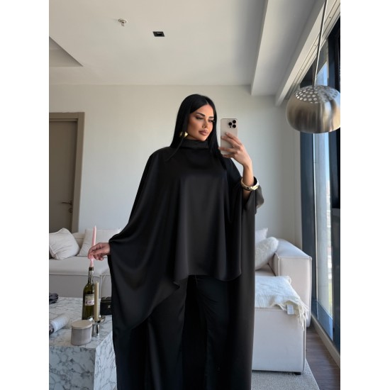 SATEN PELERİN TAKIM SİYAH