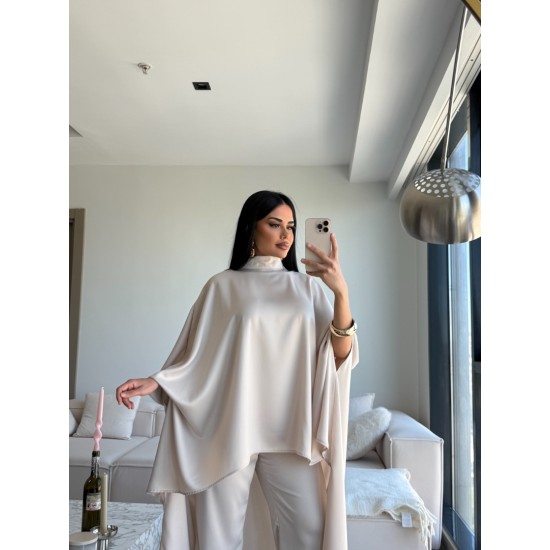 SATEN PELERİN İKİLİ TAKIM BEJ