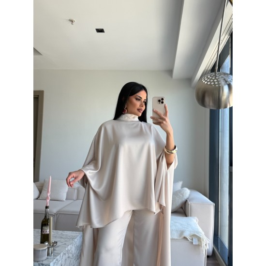 SATEN PELERİN İKİLİ TAKIM BEJ