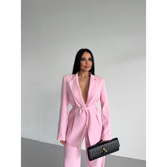 PREMIUM KUŞAKLI BLAZER&PANTOLON TAKIM PEMBE