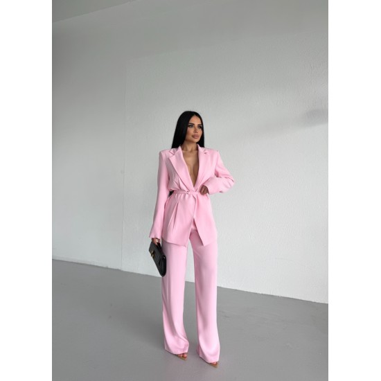 PREMIUM KUŞAKLI BLAZER&PANTOLON TAKIM PEMBE