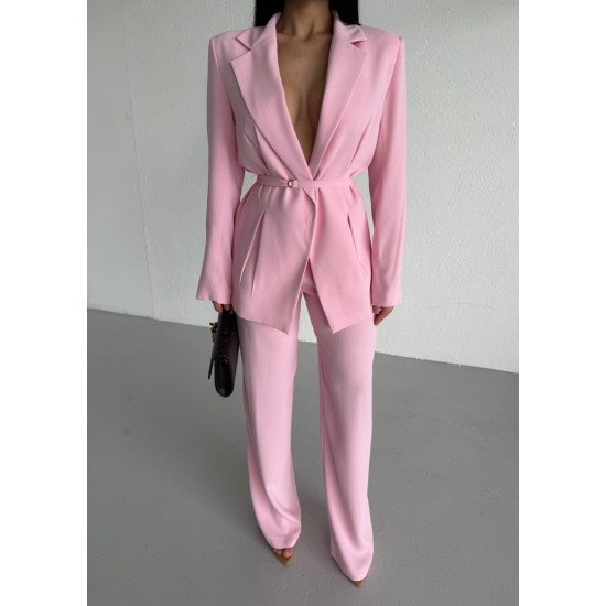 PREMIUM KUŞAKLI BLAZER&PANTOLON TAKIM PEMBE
