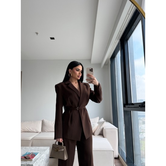 PREMIUM KUŞAKLI BLAZER&PANTOLON TAKIM KAHVE