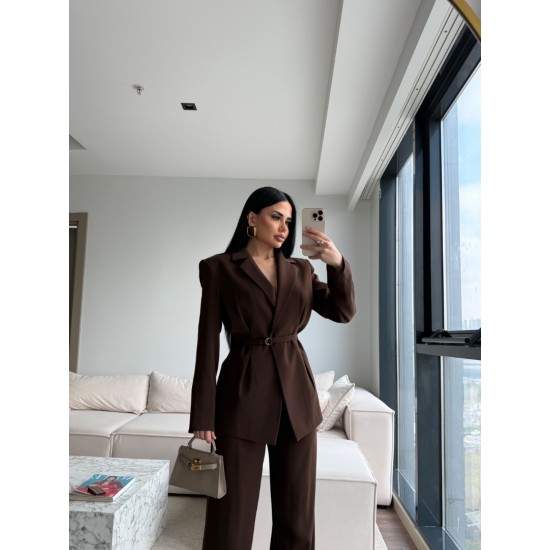 PREMIUM KUŞAKLI BLAZER&PANTOLON TAKIM KAHVE
