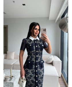GOLD DÜĞMELİ GÜPÜR ELBİSE LACİVERT