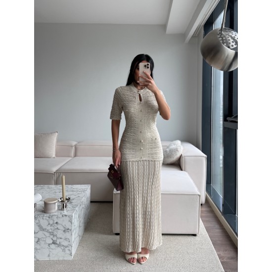 SİMLİ İNCE TRİKO MARKA MODEL ELBİSE KREM
